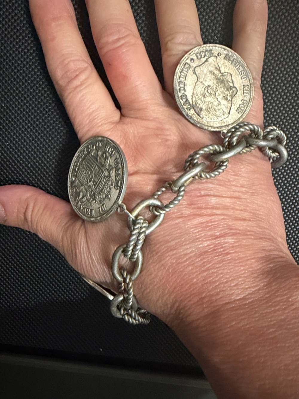 Vintage Rare 1882 Spain Spanish King Alfonso XII Silver tone Peseta Bracelet